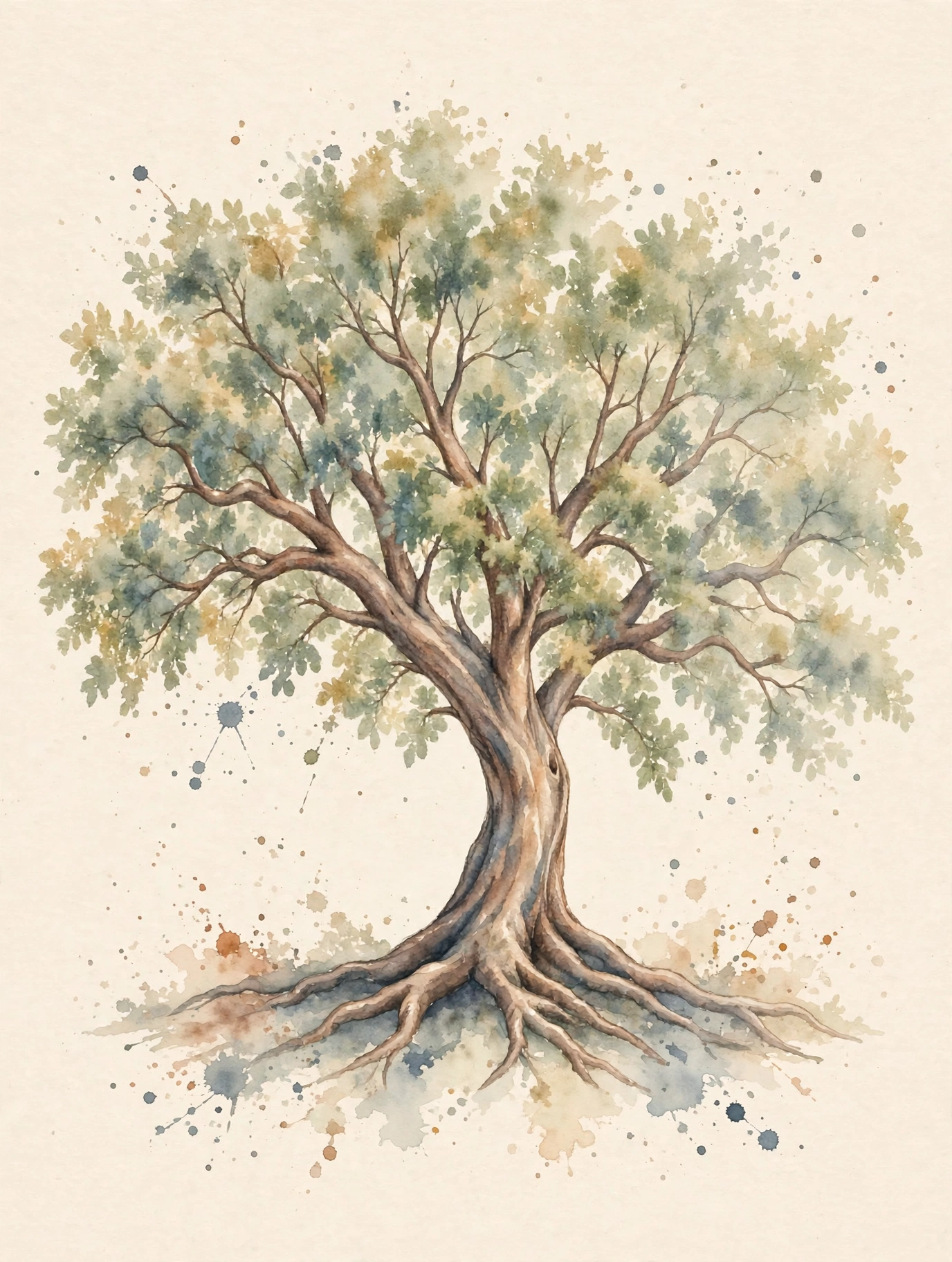 Watercolour tree with spreading roots and a full canopy branching to both sides.